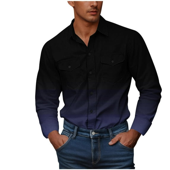 Xzbqbs Polo Shirts for Men Gradient Long Sleeve Classic Fit Shirts Casual Button Down Lightweight Vintage Shirts with Pocket