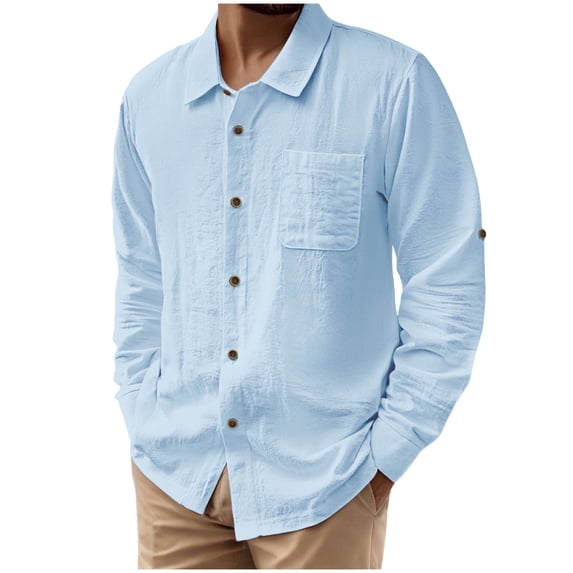 Xzbqbs Polo Shirts for Men Linen Button Down Slim Fit Long Sleeve Shirts Fashion Lightweight Solid Color Golf Shirts with Pocket