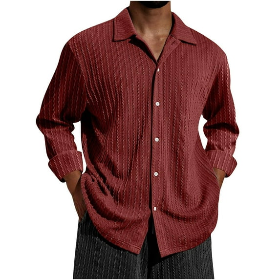 Xzbqbs Polo Shirts for Men Long Sleeve Button Up Classic Fit Shirts Casual Vintage Striped Jacquard Lightweight Dress Shirts