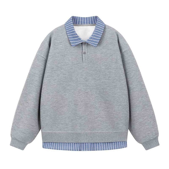 Xzbqbs Polo Sweatshirts for Men Plaid Textured Button Fake Two Pieces Pullover Hoodie Fashion Lightweight Patwork Sweatshirts