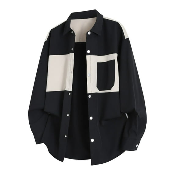 Xzbqbs Shirts for Men Long Sleeve Button Up Y2k Hip Hop Streetwear Casual Fashion Loose Fit Lightweight Color Block Pocket Shirts