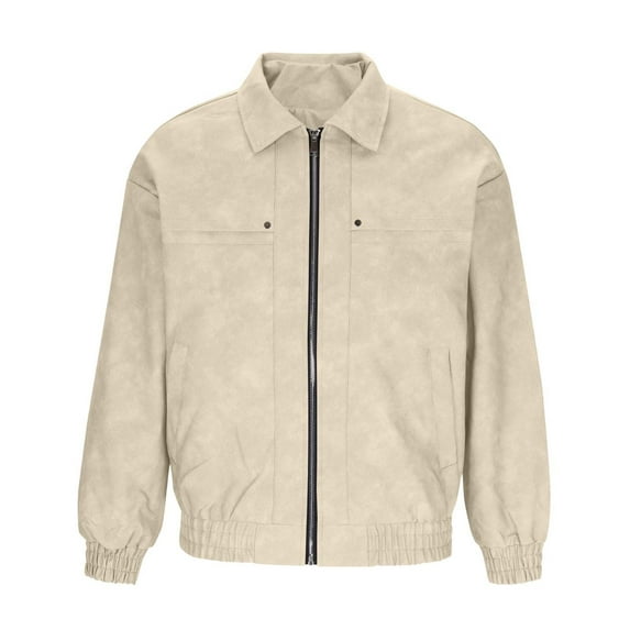 Xzbqbs Vintage Leather Jacket Mens Full Zip Classic Lapel Collar Coat Solid Color Softshell Windbreaker Leather Jackets for Men