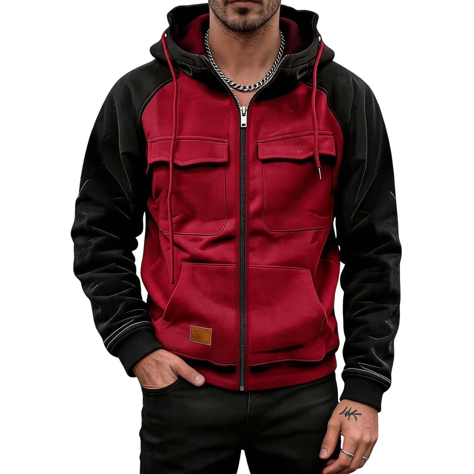 Popup Jacket Xzbqbs Zip Up Hoodie Jacket for Men Contrast Panel Double Chest Flap ...