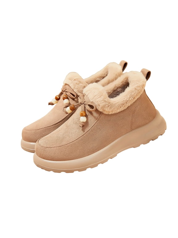 Y-01 Khaki Versatile Stylish Womens Bow Knot Boots Thick Sole Warm Ankle Snow Trendy Fall Winter Boots