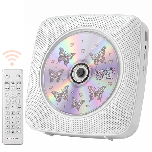 Y-01 Portable CD Player with Bluetooth Wall Mountable,FM Radio CD Players for Home with Dual Hi-Fi Speakers, Remote,USB/AUX,White