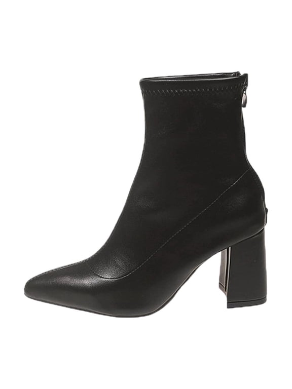 Y-073 Black Womens Back Zipper Boots Pointed Toe Metal Heel Thick Heel Fall Winter Comfortable Fashion