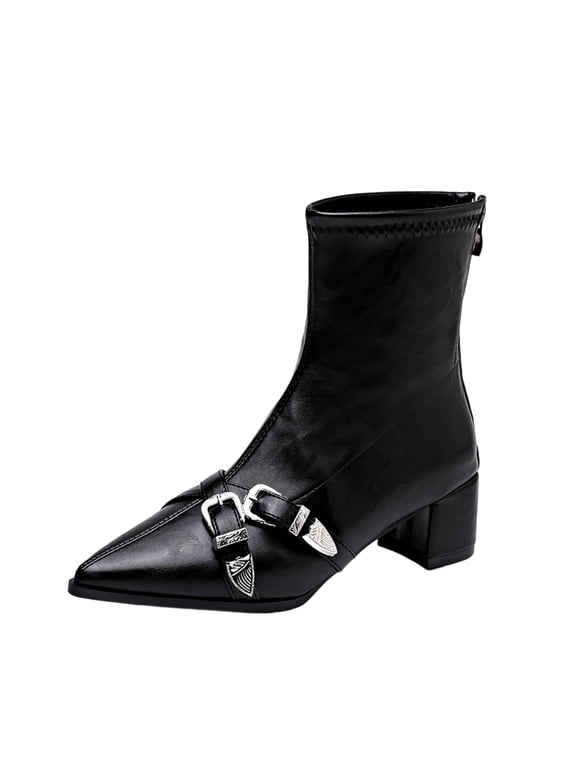 Y-113 Black Ladies Casual Pointed Toe Boots Belt Buckle Thick Heel Mid Heel Winter Ankle Boots Fashionable Style