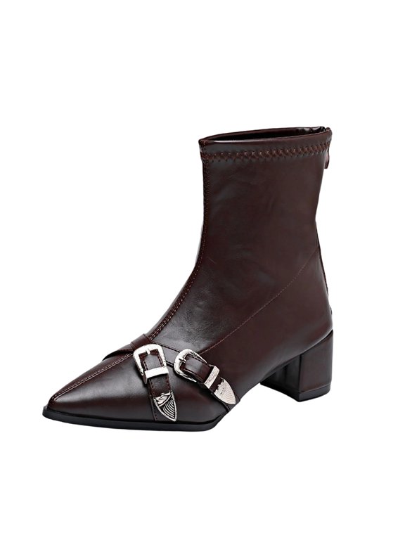 Y-113 Brown Ladies Short Barrel Ankle Boots Pointed Toe Belt Buckle Chunky Heel Solid Color Casual Shoes
