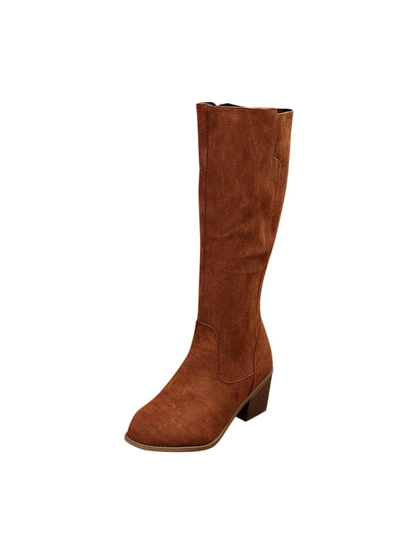 Y-135 Brown Ladies Suede Knee High Boots Fall Winter Chunky Heel Round Toe Long Boots 2026