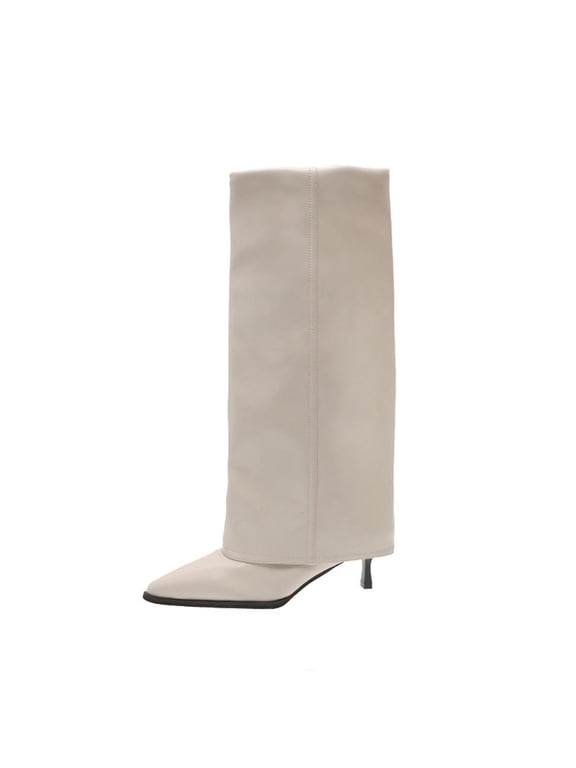 Y-173 Beige Ladies Cuffed Trouser Knee High Boots Pointed High Heel Solid Color Winter Casual Knee Length Booties