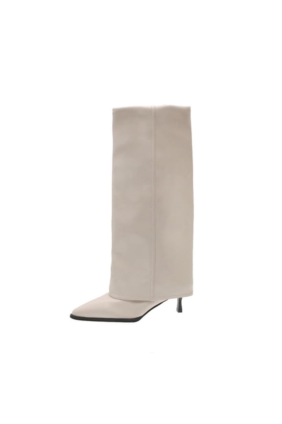Y-173 Beige Ladies Faux Leather Knee High Boots Pointed Toe High Heel Cuffed Trouser Winter Casual For Women