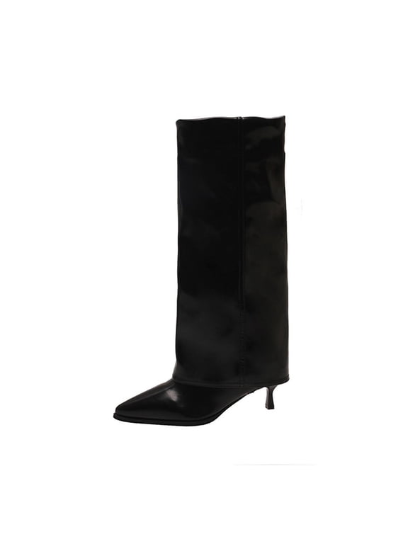 Y-173 Black Fashion Ladies Casual Winter Knee High Boots Cuffed Trouser Pointed High Heel Solid Color Boots