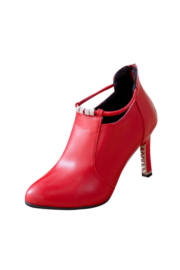 Y-26 Red Womens Casual Versatile Sweet Cool Pointed High Heels Trendy Fall Winter Fashion Leather Boots Comfortable Mid Calf Booties Style