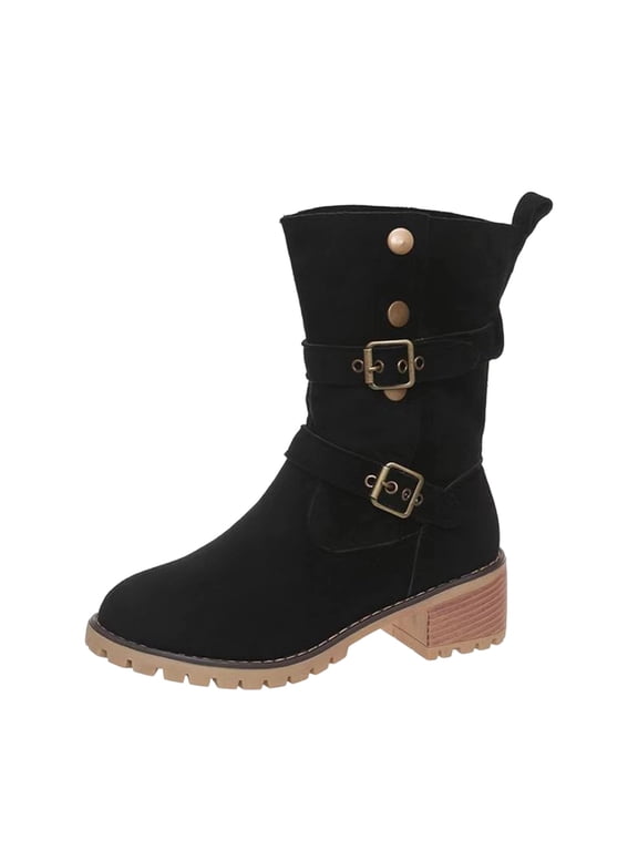 Y-260 Black Ladies Double Buckle Chunky Heel Mid Calf Footwear Fall Winter Suede Short Boots For Women Trendy Fit