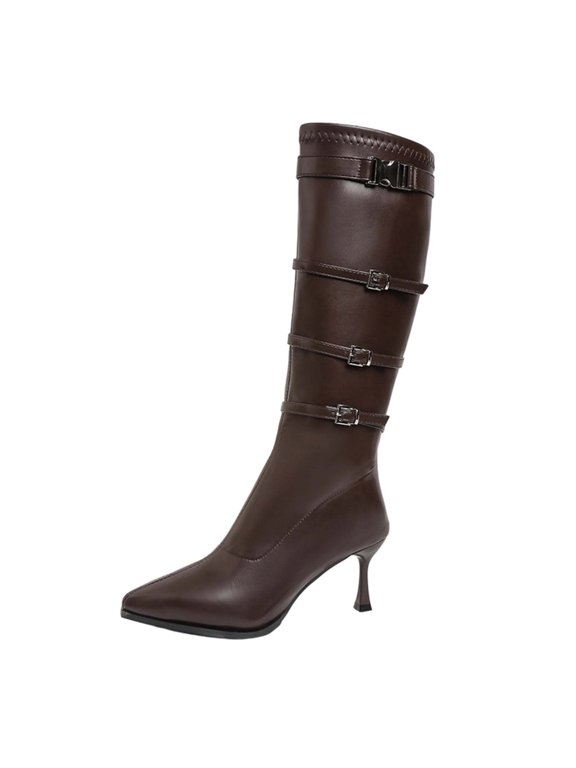 Y-340 Coffee Ladies Pointed Toe Knee High Straight Boots Chunky Mid Heel Side Zipper Solid Winter Casual