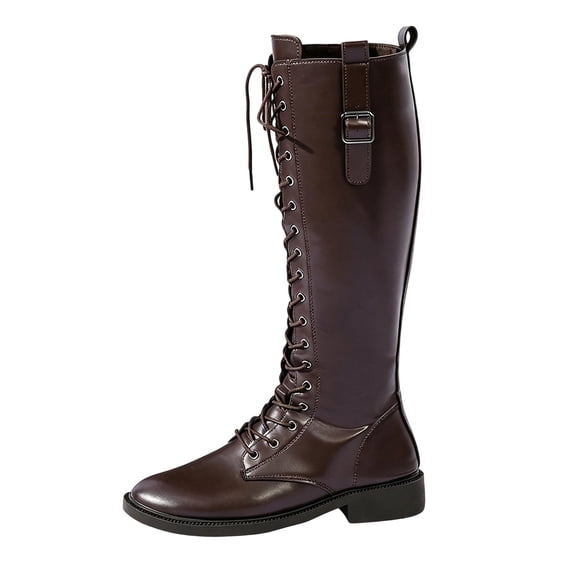 Y-375 Brown Womens Low Heel Knee High Boots Round Toe Lace Up Casual Solid Fall Winter Fashionable Boots