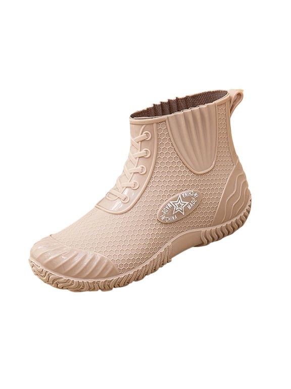 Y-50 Beige Womens Round Toe Rain Boots Short Waterproof Comfortable Casual Slip On Fall Winter Versatile Footwear