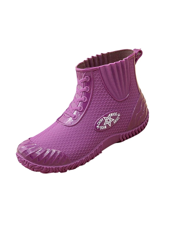 Y-50 Purple Ladies Stylish Round Toe Waterproof Comfortable Short Rain Boots Slip On For Fall Winter Stylish Rain Days