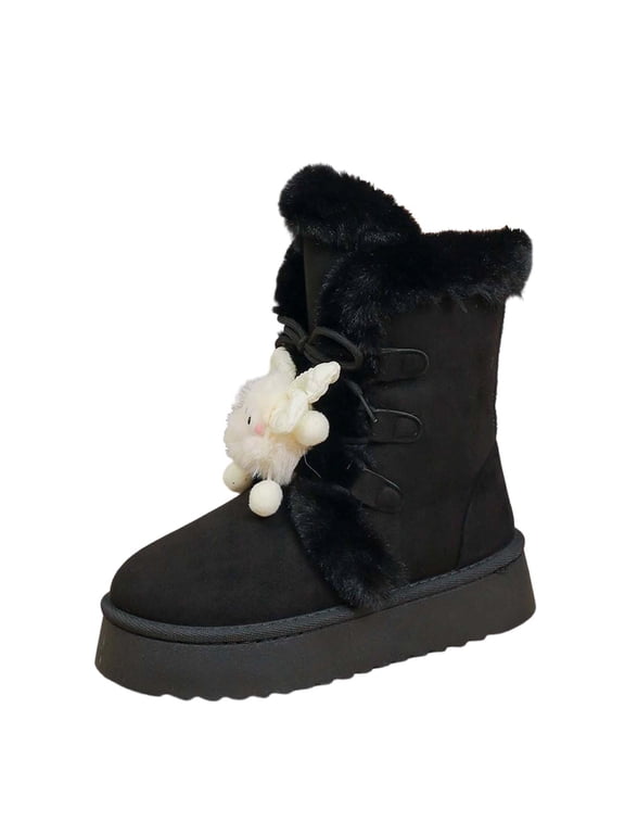 Y-519 Black Ladies Suede Warm Lined Boots Round Toe Platform Sole Casual Winter Snow Boots Comfortable Shoes
