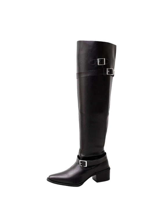 Y-563 Black Ladies Over The Knee Boots Fall Winter Fashionable Casual Stretch Fit Comfortable Low Heel Long Boots For Women