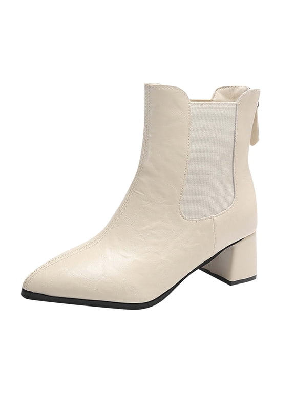 Y-61 Beige Womens Casual Versatile Sweet Cool Pointed Toe Chunky Heel Eye Catching Trendy Low Heel Short Boots Comfortable Fall Winter Booties