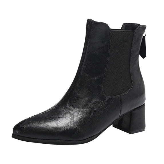 Y-61 Black Womens Casual Versatile Sweet Cool Pointed Toe Chunky Heel Eye Catching Trendy Low Heel Short Boots Comfortable Fall Winter Boots