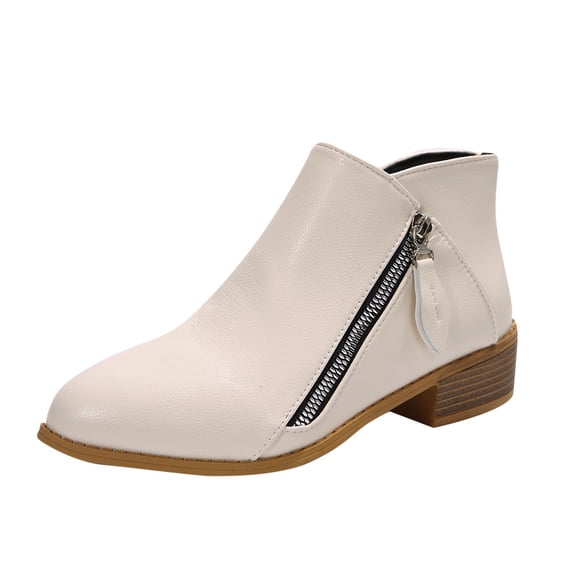 Y-647 White Women S Pointed Toe Side Zipper Fall Boots Chunky Heel Mid-Calf Casual Versatile Sweet Cool Footwear