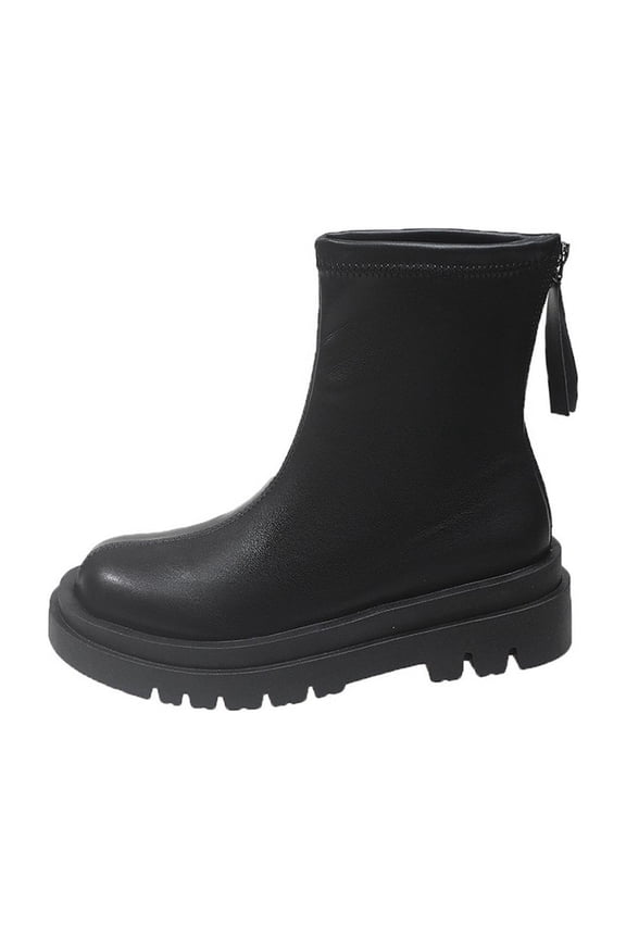 Y-657 Black Ladies Round Toe Short Boots British Style Back Zipper Comfortable Walking Shoes For Work Daily