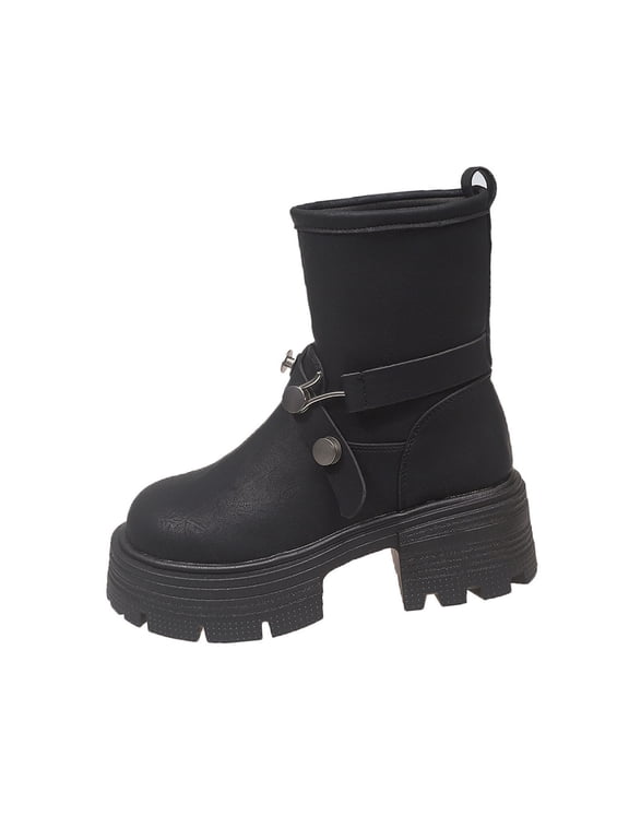 Y-737 Black Womens Short Winter Boots Round Toe British Style High Chunky Heel Thick Sole Ankle