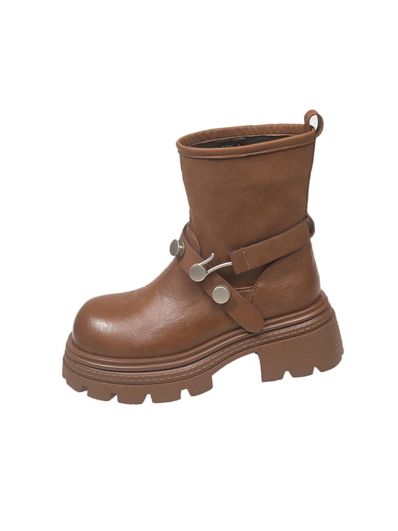 Y-737 Brown Ladies British Style Winter Boots Round Toe High Chunky Heel Thick Sole Ankle Casual