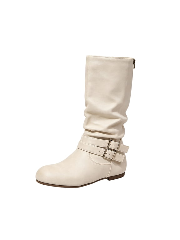 Y-763 Beige Ladies Stacked Flat Mid Calf Zipper Boots Fashion Trend Fall Style Versatile Casual Footwear For Women