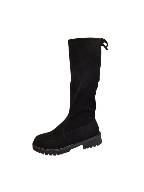 Y-86 Black Ladies Fashion Casual Round Toe Block Heel Knee High Boots Fall Winter Style Slouchy Mid Calf Boots