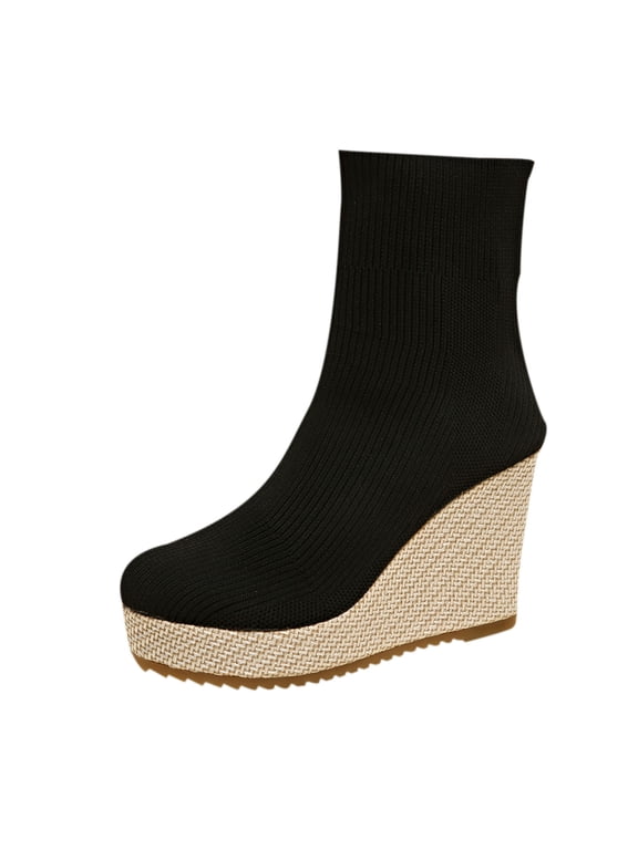 Y-94 Black Womens Socks Style Wedge Platform Boots Knit Casual Commuter Winter Footwear