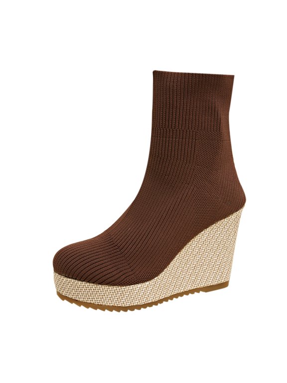 Y-94 Coffee Sloping Heel Knitted Socks Boots For Women Grass Woven Winter Commuting Casual Versatile Fashionable Ankle Footwear