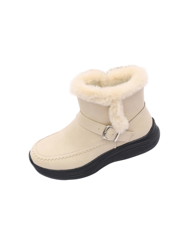Y-982 Beige Ladies Winter Warm Ankle Boots Round Toe Solid Color Side Zipper Flat Snow Casual Style