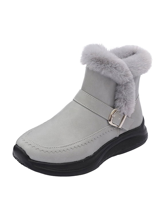 Y-982 Gray Ladies Casual Snow Boots Round Toe Side Zipper Flat Heel Warm Winter Solid Color Ankle Style