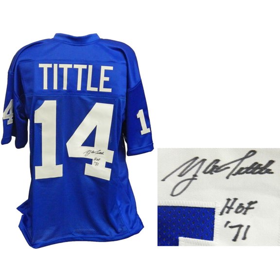 Y.A. Tittle Signed Blue Custom Football Jersey w/HOF 71