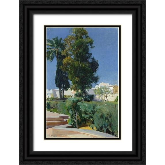 Y Bastida, Joaquin Sorolla 13x18 Black Ornate Wood Framed with Double Matting Museum Art Print Titled - Corner of the Garden, Alcazar, Sevilla