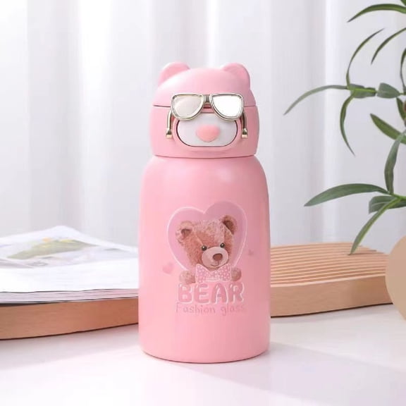 Y.Byani Stainless Steel Water Bottle For Kids Baby Children Student Portable Teddy Bear Vacuum Flask With Straw 17oz/500ml (Pink)