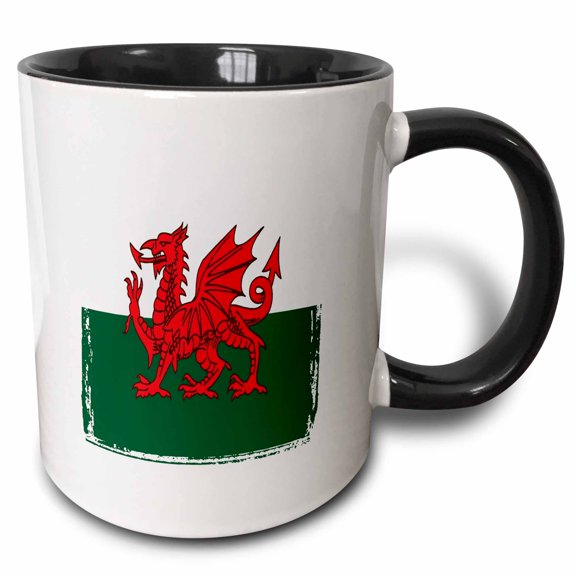 3drose, Y Ddraig Goch Grunge Welsh Flag, 11oz Two-tone Black Mug