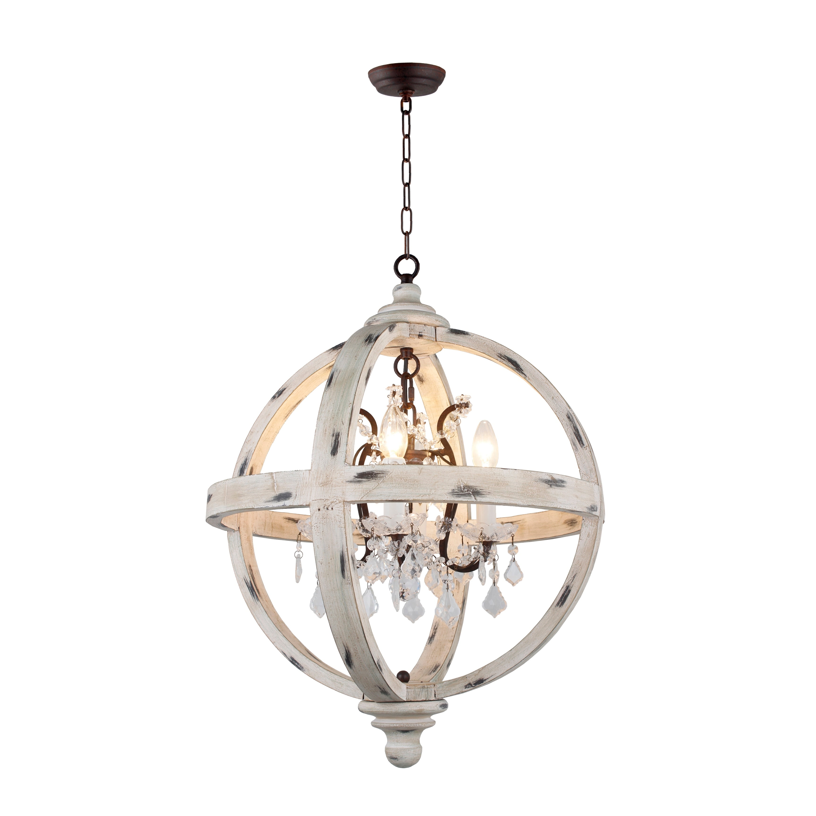 Withered White Wood and Crystal Candle Style Globe Chandelier