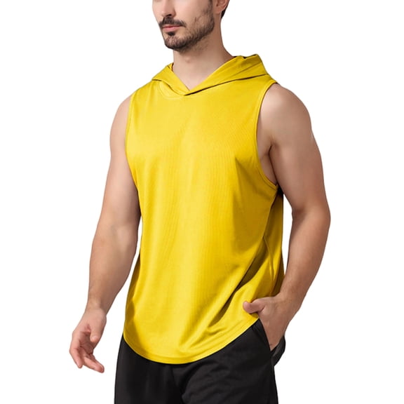 Y.F.H sunbest Men's Yellow Gym Hoodie Tank Top Workout Muscle Sleeveless Shirts for Fitness Training Dry Fit Lightweight,L