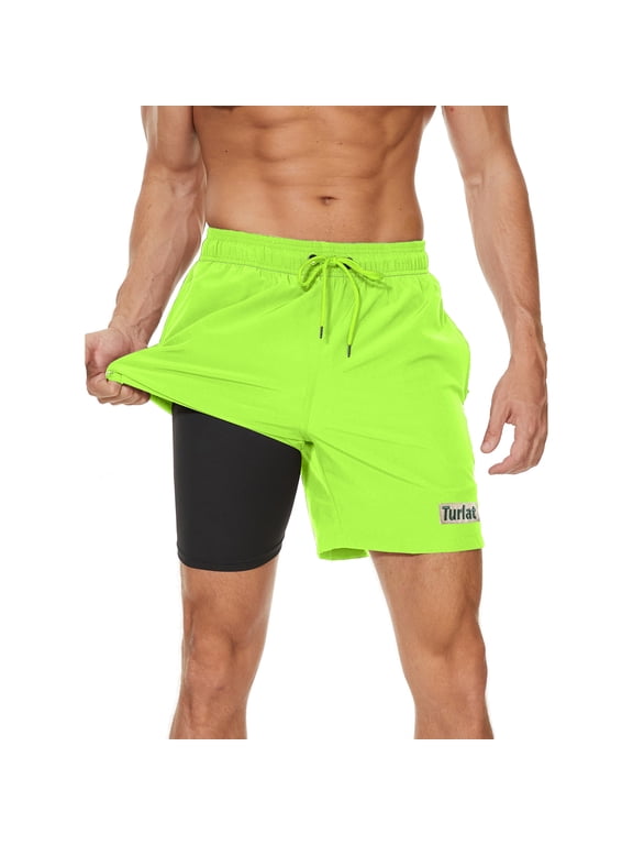 Mens Swim Trunks 2 in 1 Quick-Dry 5 inch Swim Shorts with Compression Liner and Zipper Pockets