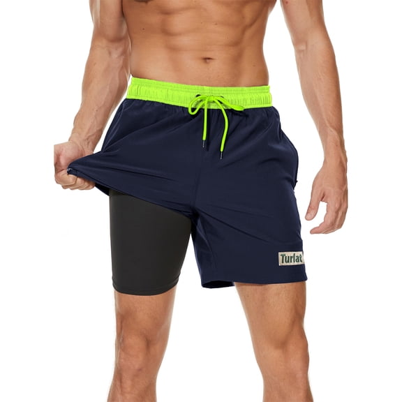 Y.F.H sunbest Mens Swim Trunks 2 in 1 Quick-Dry 5 inch Swim Shorts with Compression Liner and Zipper Pockets