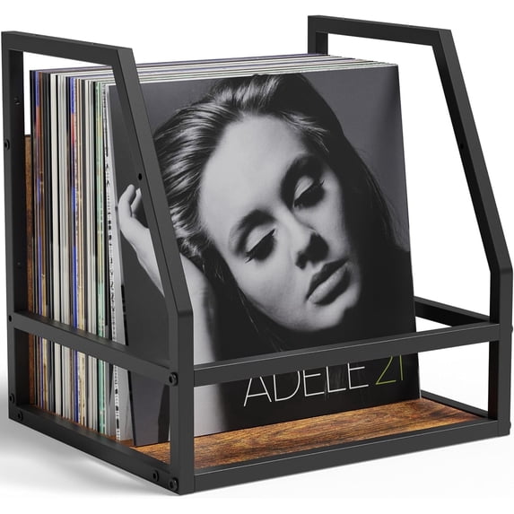 Y&M 2 In 1 Vinyl Record Storage Crate, 1PC Wood LP Holder, Wall Mount or Desktop Metal Album Organizer, Holds 80+ Records, Multifunctional Stackable Magazine Display Shelf, Brown