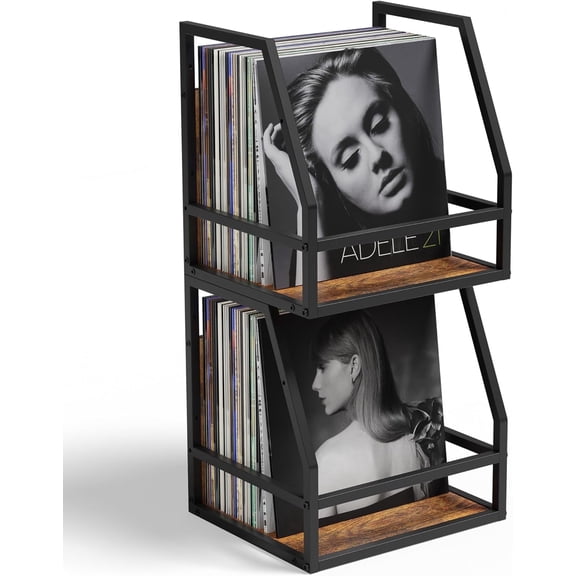 Y&M 2 In 1 Vinyl Record Storage Crate, 2 Pack Wood LP Holder, Wall Mount or Desktop Metal Album Organizer, Holds 80+ Records, Multifunctional Stackable Magazine Display Shelf, Brown