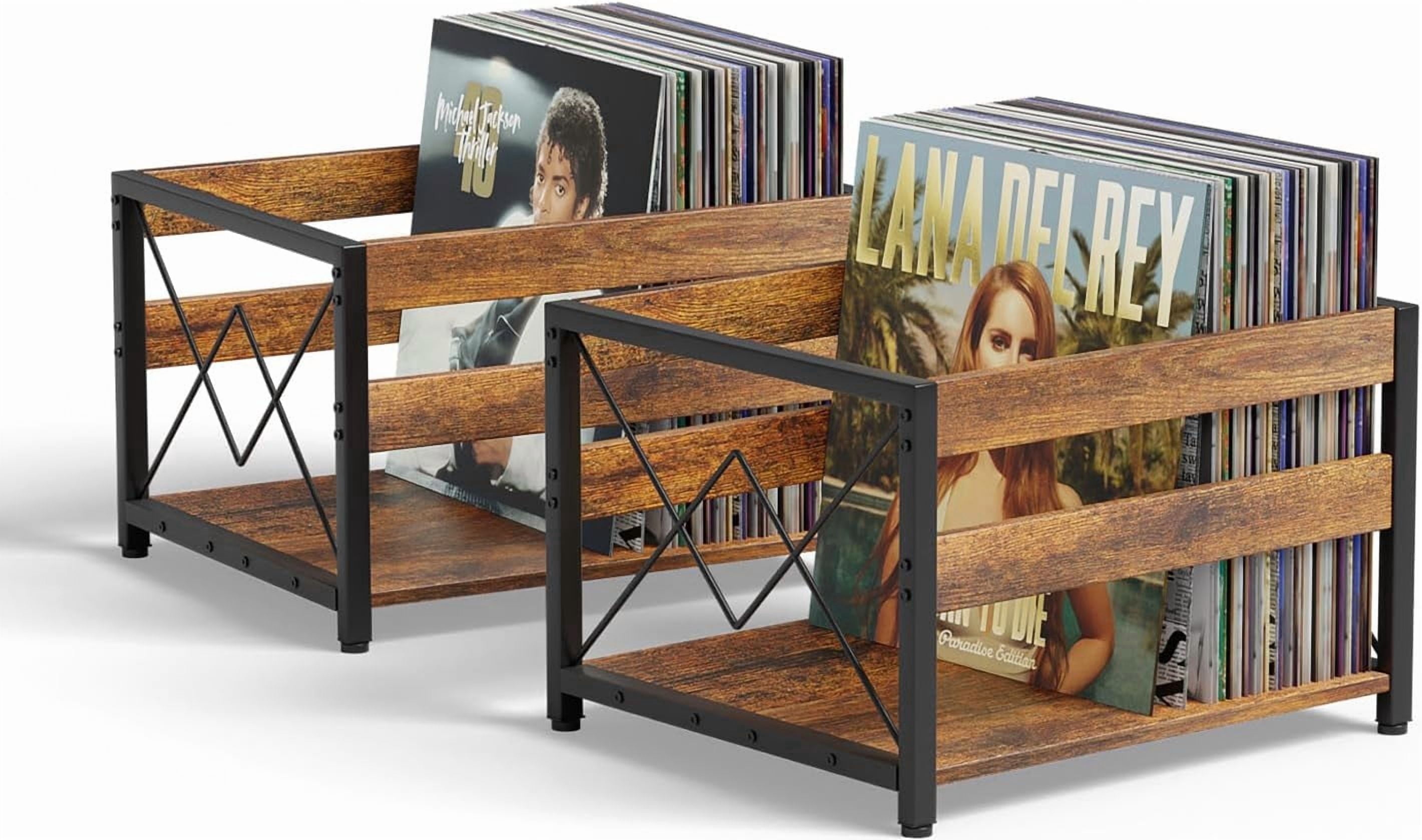 Y&M 2 Packs Vinyl Record Storage Crate, Wooden Storage Box, Classic Cube CD Albums Shelf Holder Organizer, Holds Up to 100+ Records, Magazine Rack for Desktop, Home, Office, Brown