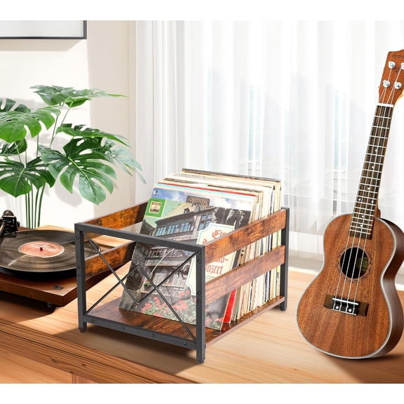 Y&M 2 Packs Vinyl Record Storage Crate, Wooden Storage Box, Classic Cube CD Albums Shelf Holder Organizer, Holds Up to 100+ Records, Magazine Rack for Desktop, Home, Office, Brown