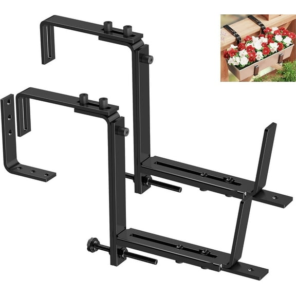 Y&M 2 Pcs Deck Railing Adjustable Planter Box Brackets (6 to 12.5 in), Universal Window Box Brackets, Heavy Duty Iron Flower Box Wall Mounting Hooks for Balcony, Fences, Patio, and Garden - Black