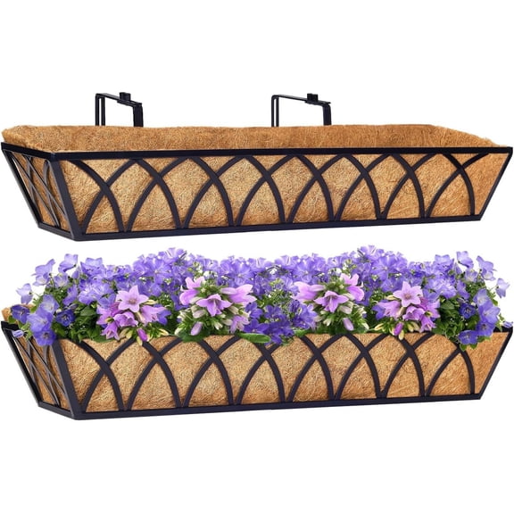 Y&M 2 Pieces 30'' Large Metal Deck Railing Planters with Coco Liner, Outdoor Balcony Porch Fence